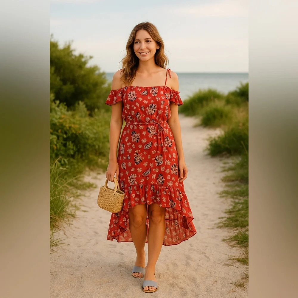 Allison Joy Red Floral High Low Dress, Adjustable Straps, Ruffle Accents Size M